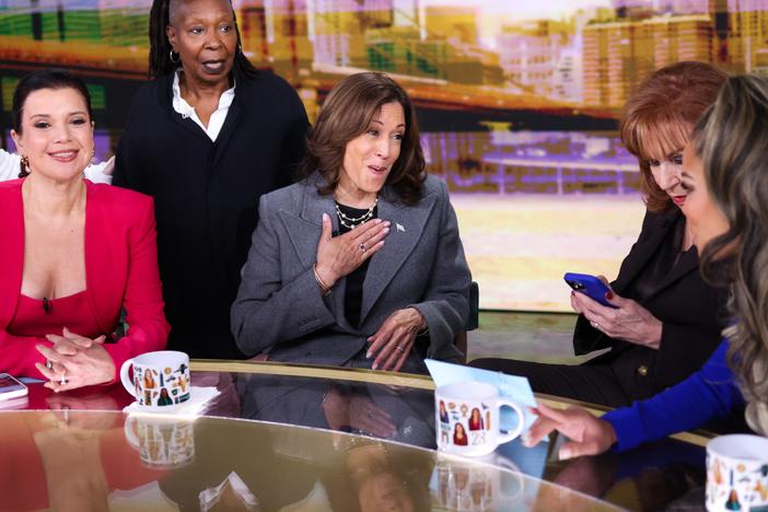Vice President Harris talks to hosts of ABC's <em>The View</em> during a commercial break on Oct. 8.
