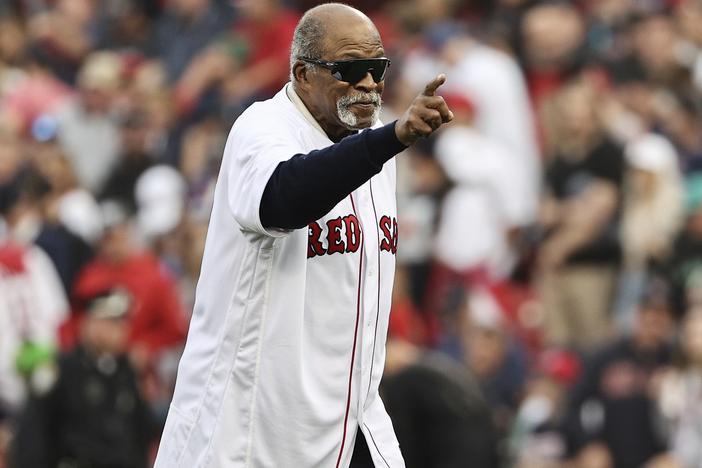 Former Boston Red Sox great Luis Tiant before Game 5 of the American League Championship Series between the Boston Red Sox and the Houston Astros on Oct. 20, 2021, at Fenway Park in Boston.