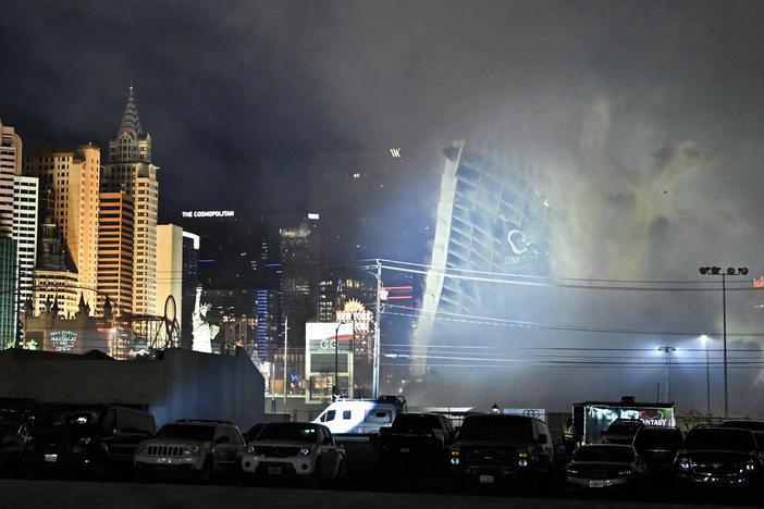 The Tropicana Las Vegas hotel tower is imploded on Wednesday in Las Vegas.