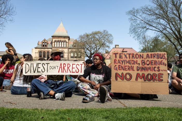 Pro-Palestinian protestors rally at Brown University in April as their delegation met with school leaders on campus in Providence, R.I.