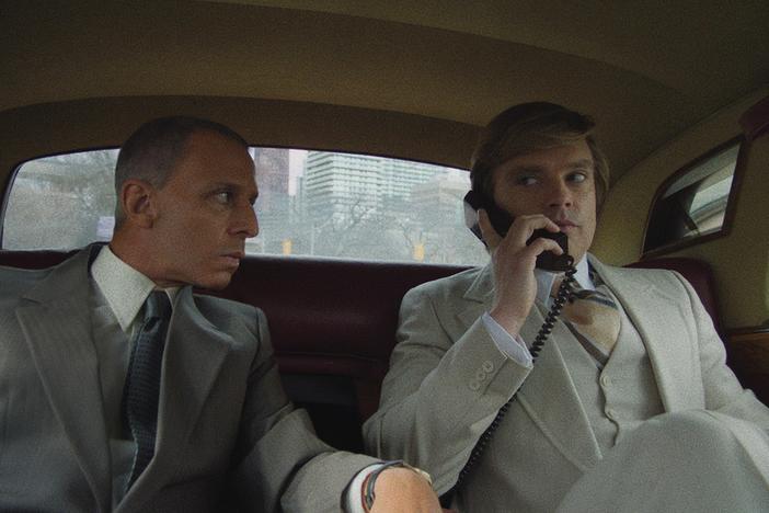 Jeremy Strong, left, plays attorney Roy Cohn and Sebastian Stan is a young Donald Trump in <em>The Apprentice.</em>