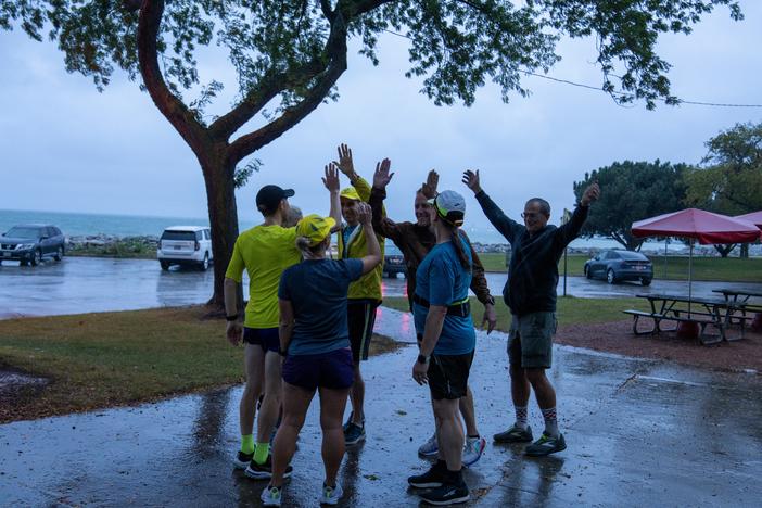 The Milwaukee Running Group — OMG meets up on a rainy morning in Milwaukee recently.