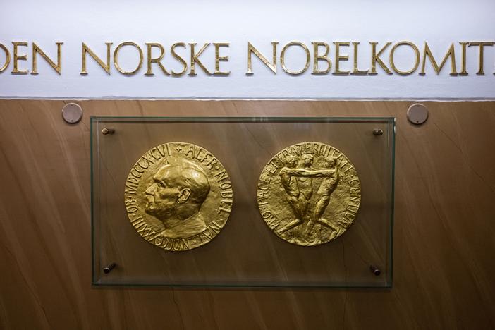 A photo taken on Sept. 25, 2024 in Oslo, Norway shows replicas of both sides of the Nobel Peace Prize medal displayed at The Norwegian Nobel Institute.