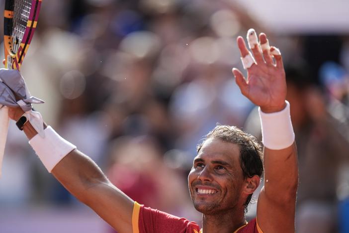 Rafael Nadal celebrates his victory over Marton Fucsovics during the men's singles tennis competition at the 2024 Summer Olympics on July 28, 2024, in Paris. Nadal has announced he will retire from tennis following the Davis Cup finals in November.