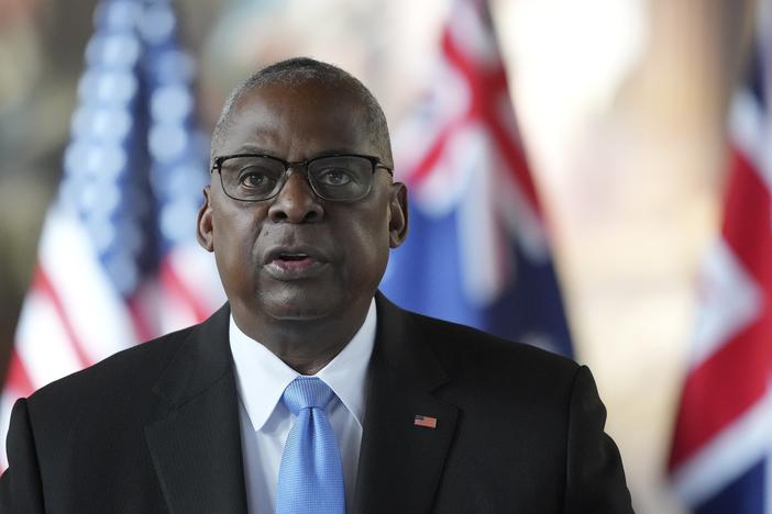 Secretary of Defense Lloyd Austin is shown speaking in Greenwich, London, Sept. 26, 2024.