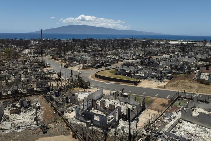 Destroyed homes are visible in the aftermath of a devastating wildfire in Lahaina, Hawaii, Aug. 22, 2023.