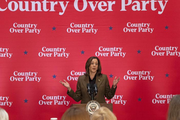 Vice President and Democratic presidential candidate Kamala Harris delivers remarks at a Republicans for Harris event in Scottsdale, Arizona, Oct. 11.