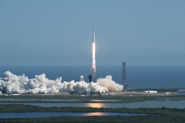 A SpaceX Falcon Heavy rocket with the Europa Clipper spacecraft aboard launches from Launch Complex 39A at NASA's Kennedy Space Center in Cape Canaveral on Monday.