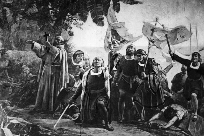 Christopher Columbus landing in America with the Piuzon Brothers bearing flags and crosses, 1492.