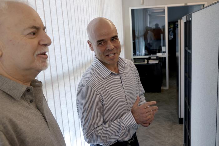 Clark County Public Administrator Robert Telles (right) talks to Las Vegas Review-Journal reporter Jeff German in his Las Vegas office on May 11, 2022.