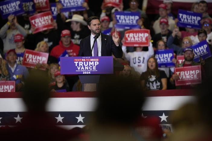 Republican vice presidential nominee Sen. JD Vance, R-Ohio, speaks during a campaign event Wednesday in Williamsport, Pa.