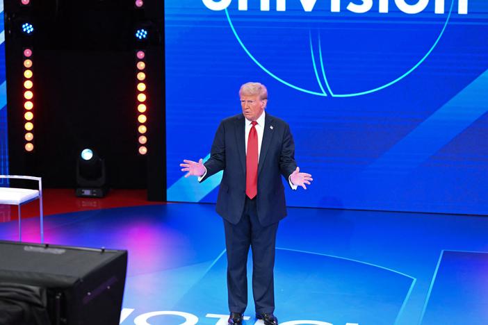 Former President Donald Trump addresses a town hall hosted by Univision and moderated by Enrique Acevedo in Miami on Wednesday.