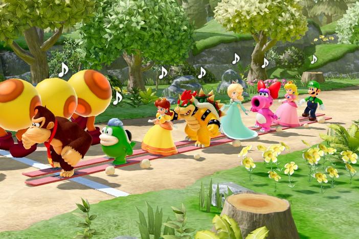 An eight-player rhythm minigame in Super Mario Party Jamboree's "Bowser Kaboom Squad" mode.