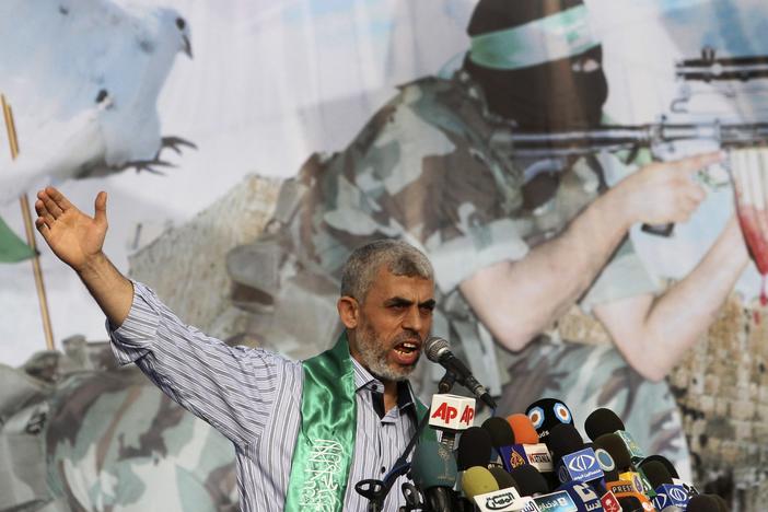 Yahya Sinwar, a founder of Hamas' military wing, talks during a rally in Khan Younis, southern Gaza Strip, in 2011.