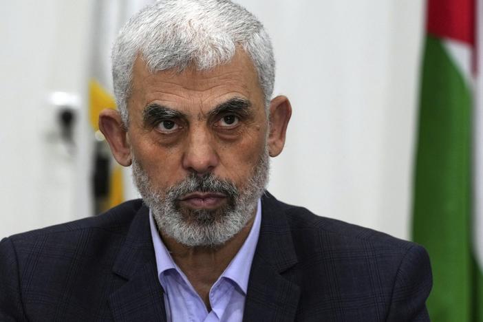 Hamas' Yahya Sinwar chairs a meeting with leaders of Palestinian factions at his office in Gaza City, April 13, 2022.