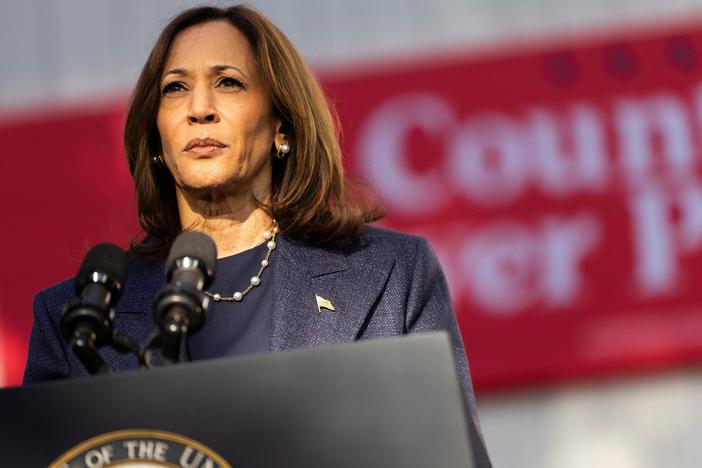 Vice President Harris speaks at a campaign event at Washington Crossing Historic Park in Washington Crossing, Pa., on Wednesday.