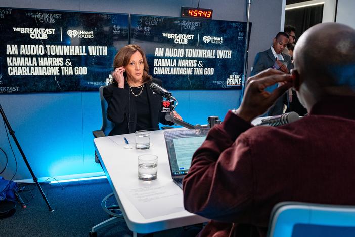 Vice President Harris prepares to speak with Charlamagne Tha God before "We The People: An Audio Townhall With Kamala Harris and Charlamagne Tha God" in Detroit on Tuesday.