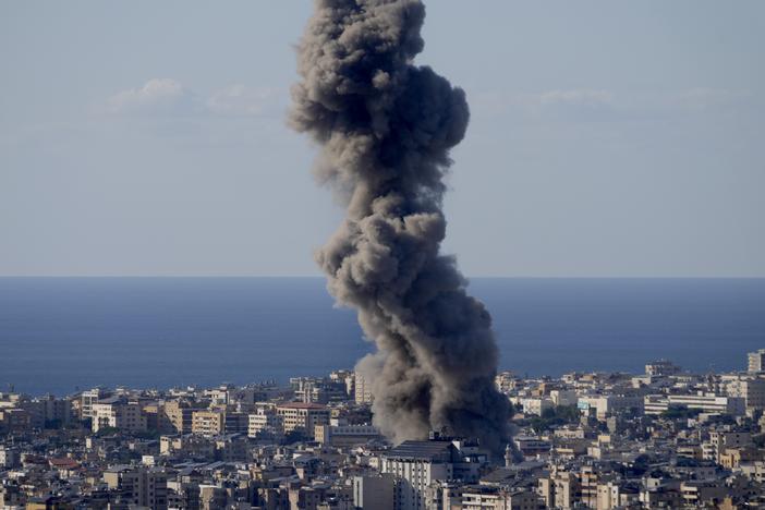 Smoke rises from an Israeli airstrike on Dahiyeh, in the southern suburb of Beirut, Lebanon, on Saturday.