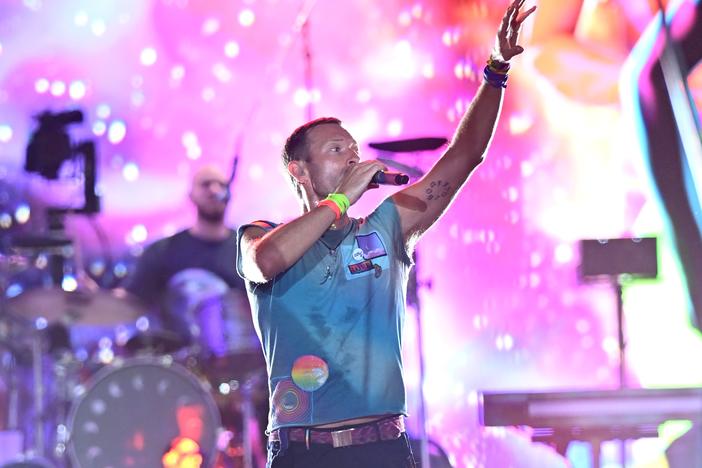 Coldplay performs during the Glastonbury Festival 2024 on June 29, 2024. This week, the band's 10th album, <em>Moon Music</em>, became its fifth to hit No. 1 on the <em>Billboard </em>200 album chart.