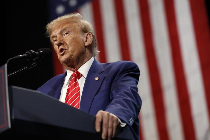 Former President Donald Trump delivers remarks during a campaign rally in Atlanta on Oct. 15. With the election in its closing weeks, Trump and other Republican candidates have been  focusing many of their campaign ads around the issue of transgender rights.
