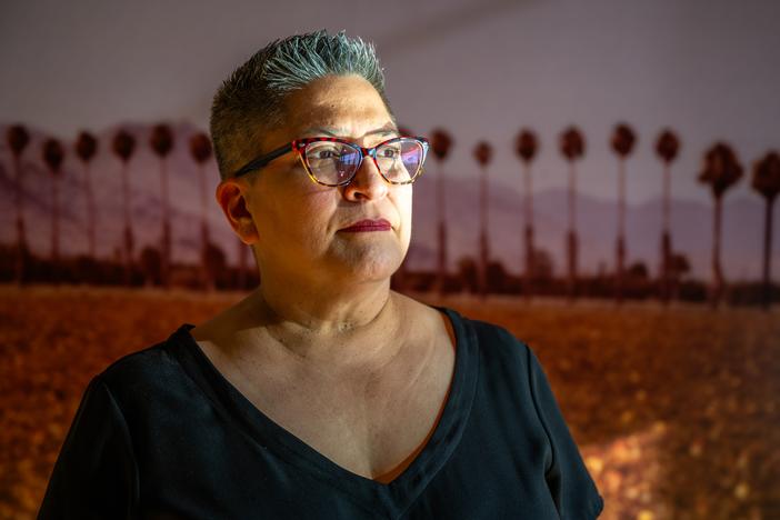 Deanna Villanueva-Saucedo, associate vice chancellor at the Center for Excellence in Inclusive Democracy in the Maricopa Community College system, poses for a portrait on the South Mountain Community College campus in south Phoenix, Ariz., on Oct. 9, 2024.