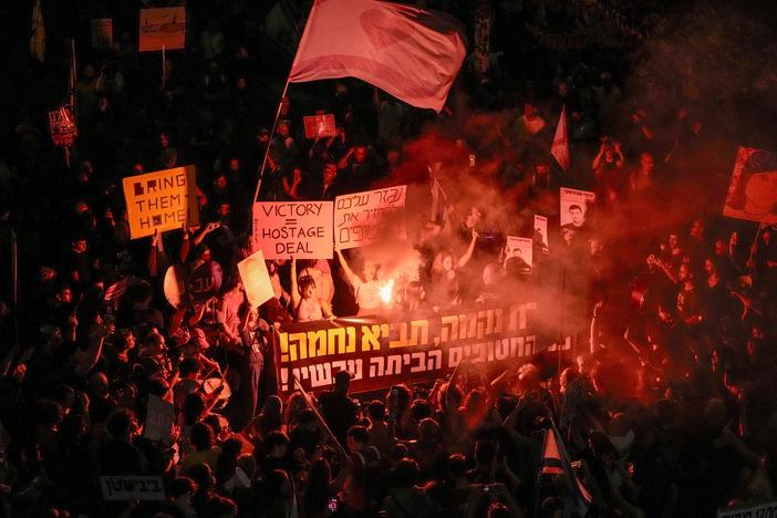 People protest against Prime Minister Benjamin Netanyahu's government and call for the release of hostages held in the Gaza Strip by the Hamas militant group, in Tel Aviv, Israel, Saturday, Oct. 19, 2024.