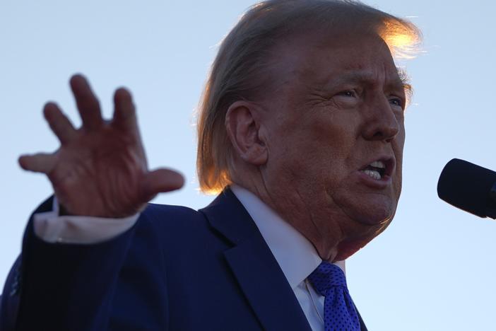 Republican presidential nominee former President Donald Trump speaks during a campaign rally at Arnold Palmer Regional Airport on Saturday in Latrobe, Pa.
