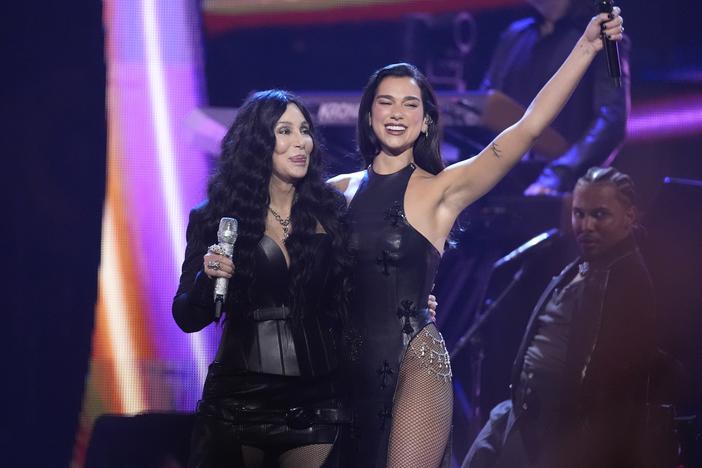 Cher, left, and Dua Lipa perform during the 39th Annual Rock & Roll Hall of Fame Induction Ceremony on Saturday at Rocket Mortgage FieldHouse in Cleveland.