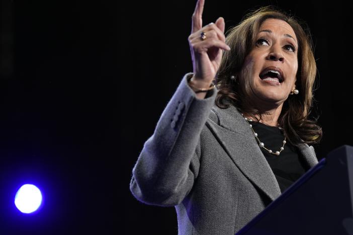 Democratic presidential nominee Vice President Kamala Harris speaks during a campaign event at Lakewood Amphitheatre, Saturday, Oct. 19, 2024, in Atlanta.