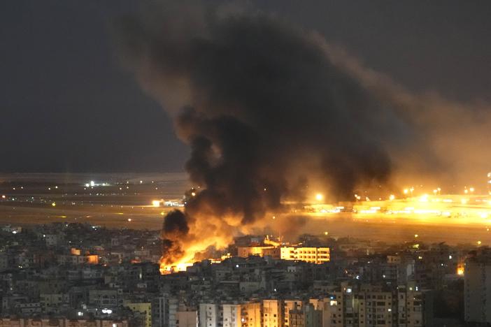 Flames and smoke rise form an Israeli airstrike on Dahiyeh, in the southern suburb of Beirut, Lebanon, on Sunday.