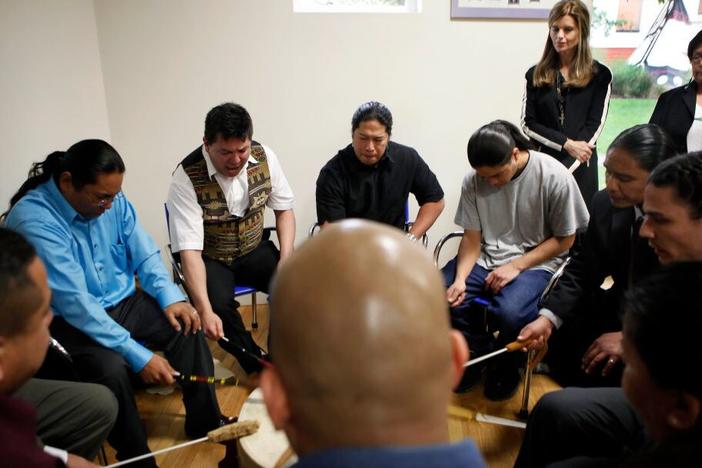 A drumming circle at the Friendship House in San Francisco. Friendship House is a Native-led recovery treatment program that provides culturally relevant care.