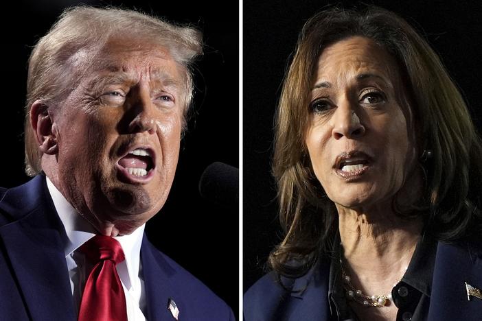 This combination of file photos shows former President Donald Trump, left, speaking at a campaign rally, Oct. 18, in Detroit, and Vice President Harris, speaking at a campaign rally in Green Bay, Wisconsin on Oct. 17.