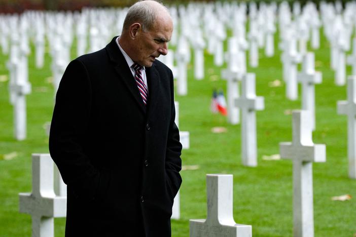 Former White House chief of staff John Kelly, seen here on a visit to the Aisne-Marne American Cemetery in Belleau, France, in 2018, has criticized his former boss Donald Trump.