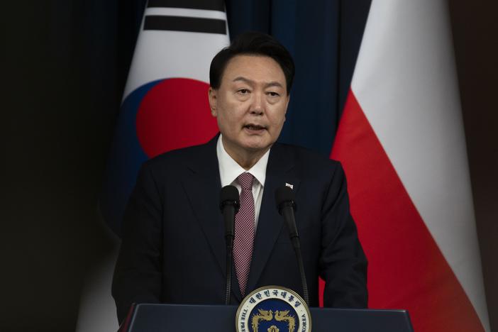 South Korean President Yoon Suk Yeol speaks during a joint press conference with Poland's President Andrzej Duda (not seen in the photo) at the Presidential Office in Seoul, South Korea, Thursday.