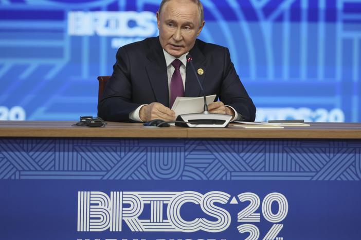 Russian President Vladimir Putin holds a press conference at BRICS Summit in Kazan, Russia, Thursday, Oct. 24, 2024