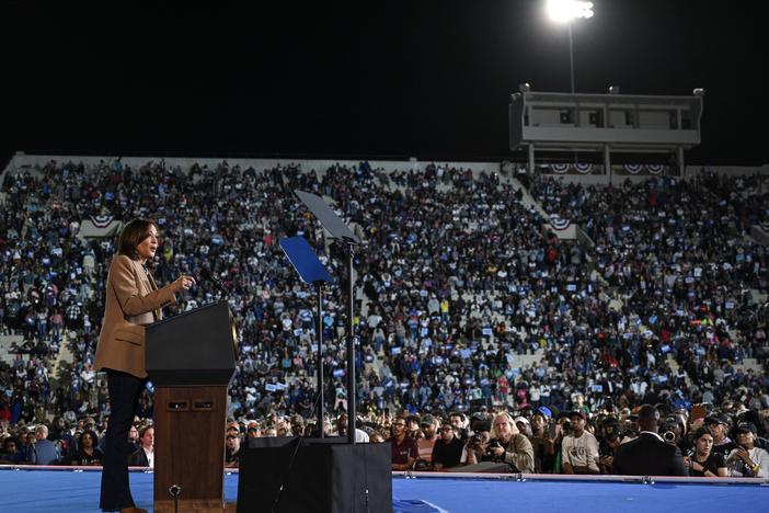 Vice President Harris speaks during a campaign rally in Georgia on Thursday. On Friday, she travels to Houston for a rally with Beyoncé.