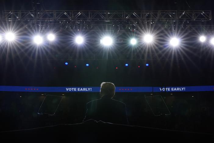 Republican presidential nominee former President Donald Trump speaks at a campaign rally at the Bryce Jordan Center on Oct. 26. in State College, Pa.