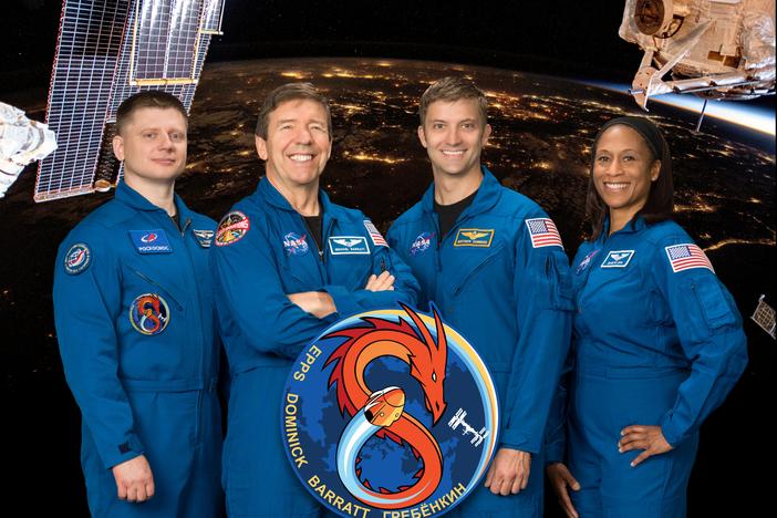Official SpaceX Crew-8 portrait with (L-R) Roscosmos cosmonaut and Mission Specialist Aleksandr Grebenkin, and Pilot Michael Barratt, Commander Matthew Dominick, and Mission Specialist Jeanette Epps, all three NASA astronauts.