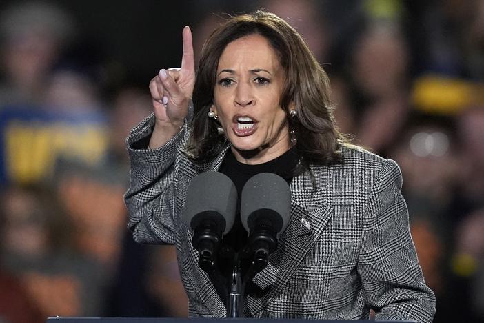 Vice President Harris speaks during a campaign rally in Ann Arbor, Mich., on Oct. 28, 2024.