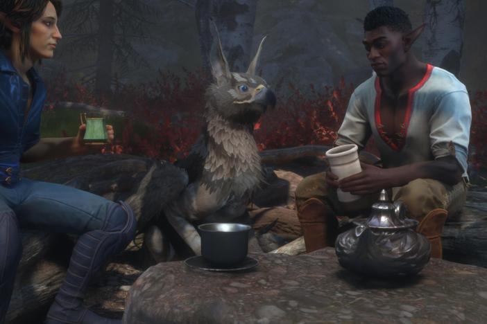 Two buddies and a baby griffin enjoy a quiet moment of companionship.