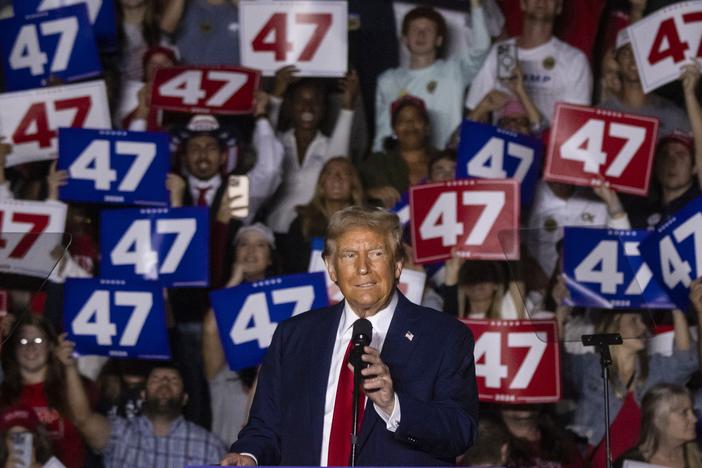 Former President Donald Trump speaks at a campaign rally at McCamish Pavilion on the campus of the Georgia Institute of Technology in Atlanta on Monday. Trump's final campaign rallies have included stumbles, gaffes and profanity as he says farewell to campaigning.