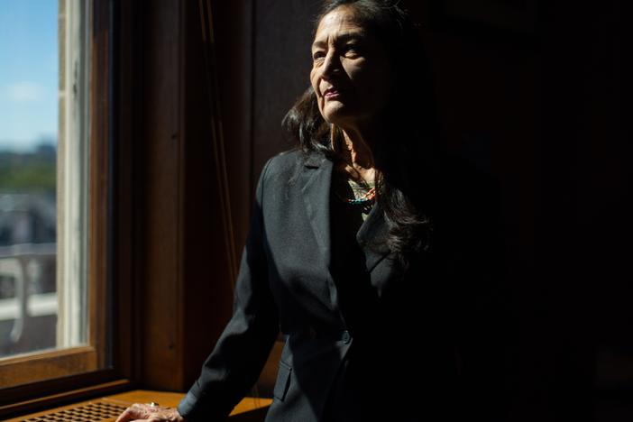 Interior Secretary Deb Haaland poses for a portrait in her office in the Department of Interior headquarters in Washington, DC on October 8, 2024.