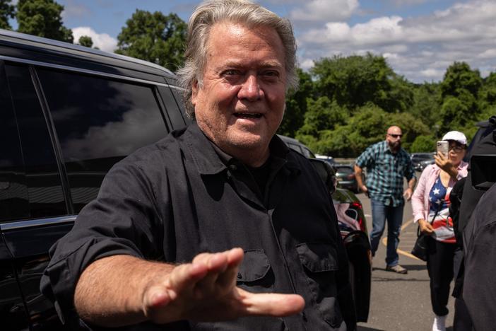 Former White House chief strategist Steve Bannon arrives at a press conference outside a federal correctional institution on July 1, 2024 in Danbury, Conn.