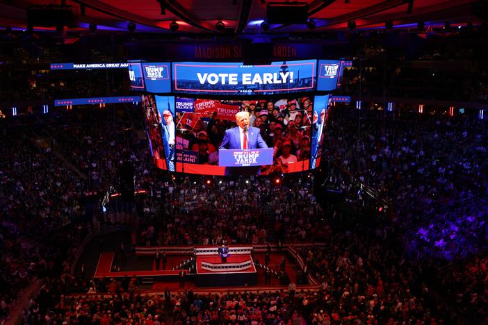 Republican presidential nominee and former President Donald Trump speaks at a campaign rally at Madison Square Garden on Oct. 27 in New York City.