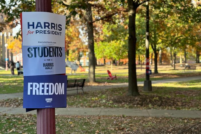 Students for Harris Walz signs hang at Indiana University of Pennsylvania ahead of a Get Out The Vote rally on Oct. 23, organized by the school's young Democrats.