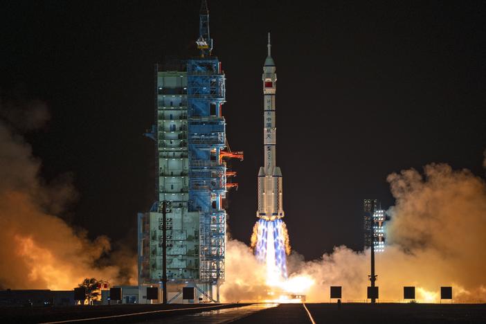 A Long March rocket with a Shenzhou-19 spacecraft atop takes off from the Jiuquan Satellite Launch Center in Jiuquan, northwestern China in the early hours of Wednesday, Oct. 30, 2024.