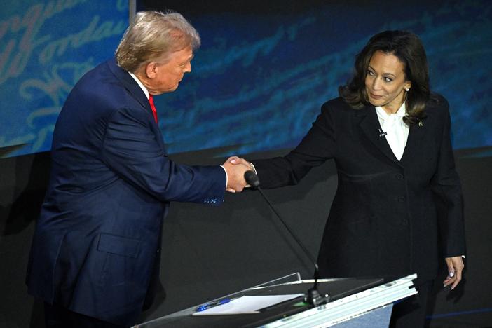 Vice President Kamala Harris and former President Trump shake hands during their debate on Sept. 10. Whoever wins the election could shape the Supreme Court for years.