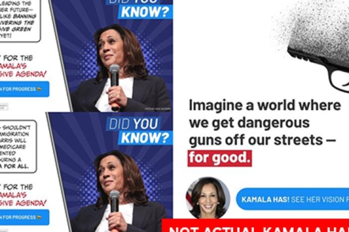 Three images posted by the group Progress 28 on Facebook claiming to be ads for Kamala Harris, but misrepresenting her current<strong> </strong>positions.