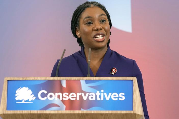 Britain's Member of Parliament Kemi Badenoch speaks after being elected as the new leader of the opposition Conservative Party, in London, on Saturday.