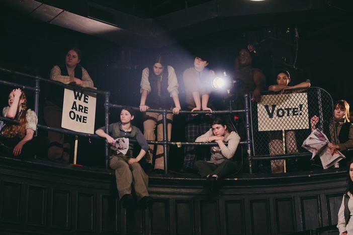 A still from Broadway Votes' "Carrying the Message" video. The video is part of a campaign that engages New York theater talent to encourage audiences to head to the polls.